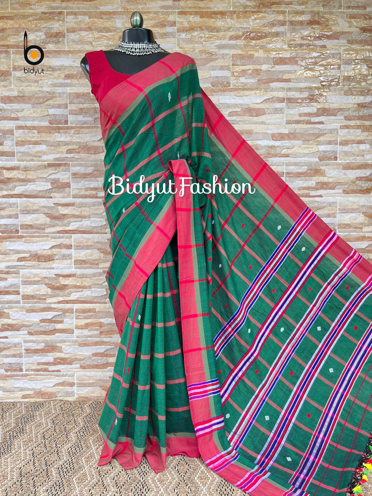 Handlooms of Odisha Santhal Tribal Cotton Sarees Bottle Green color