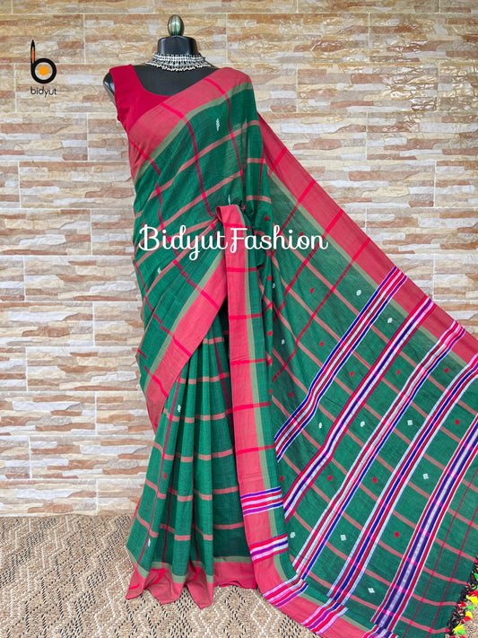 Handlooms of Odisha Santhal Tribal Cotton Sarees Bottle Green color