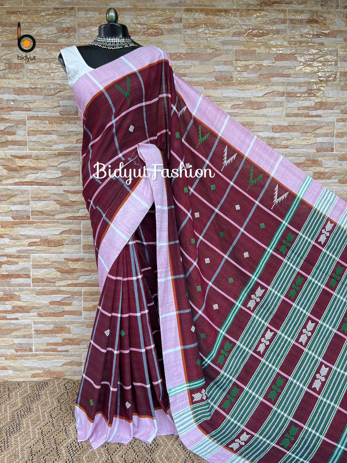 Handlooms of Odisha Santhal Tribal Cotton Sarees Burgundy color