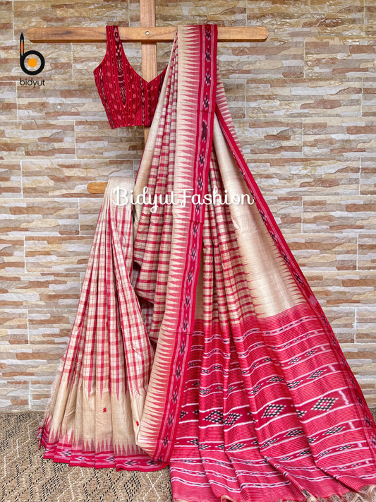 Handlooms of Odisha Santhal Tribal Tussar Silk body check Ikat Saree Beige Color