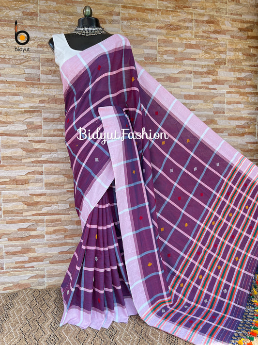 Handlooms of Odisha Santhal Tribal Cotton Saree in Purple Color