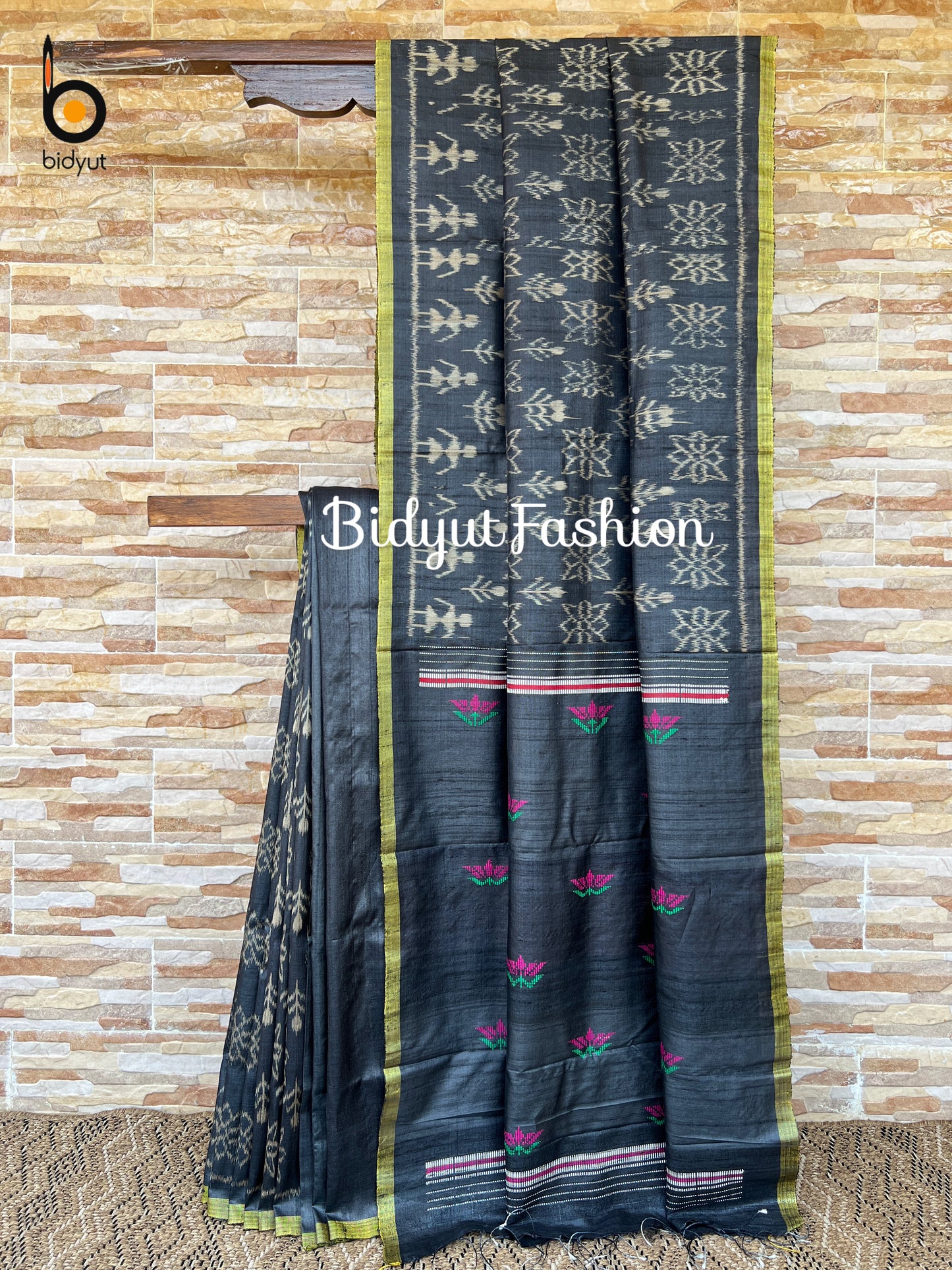 Handlooms of Odisha Gopalpur Ikat Tussar Silk Saree Black Color