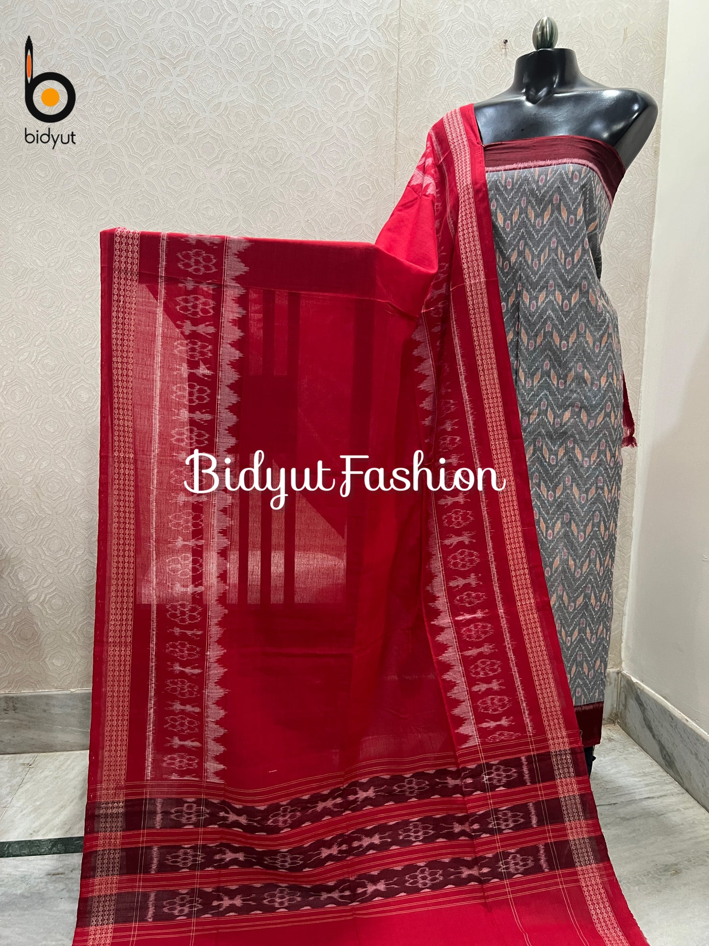 Handloom of Odisha Sambalpuri Ikat Cotton Unstitched Salwar Suit Set Grey color