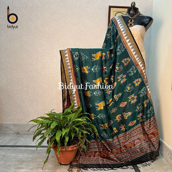Nabakothi Green color Ikat Silk Dupatta | Odisha Handloom | Exquisite Artistry and Elegance by Bidyut Fashion House