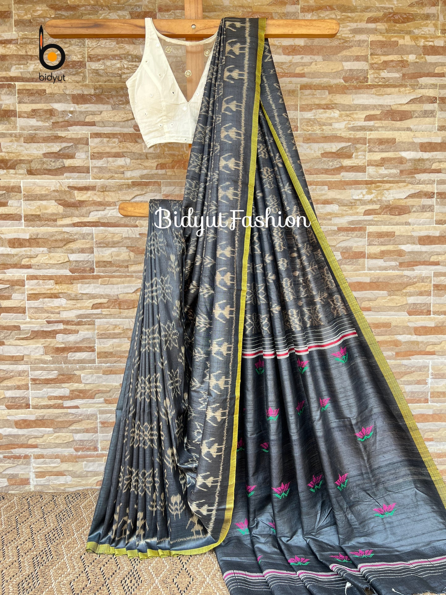 Handlooms of Odisha Gopalpur Ikat Tussar Silk Saree Black Color