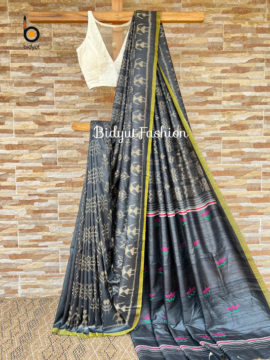 Handlooms of Odisha Gopalpur Ikat Tussar Silk Saree Black Color