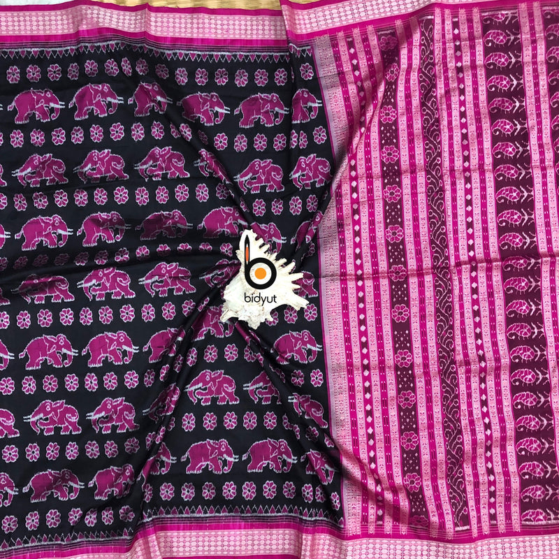 Odisha Handloom Sambalpuri Ikat Silk Saree - Black and Pink with Contrast Blouse Piece - Bidyut Fashion House