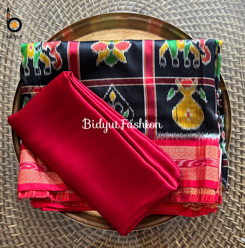 Nabakothi ikat silk saree with contrast red Blouse