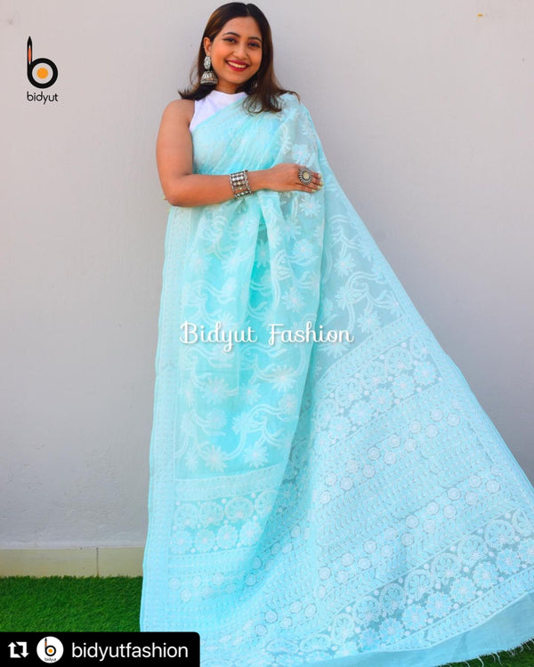 Lucknowi Chikankari all over work hand embroidery Cotton Saree